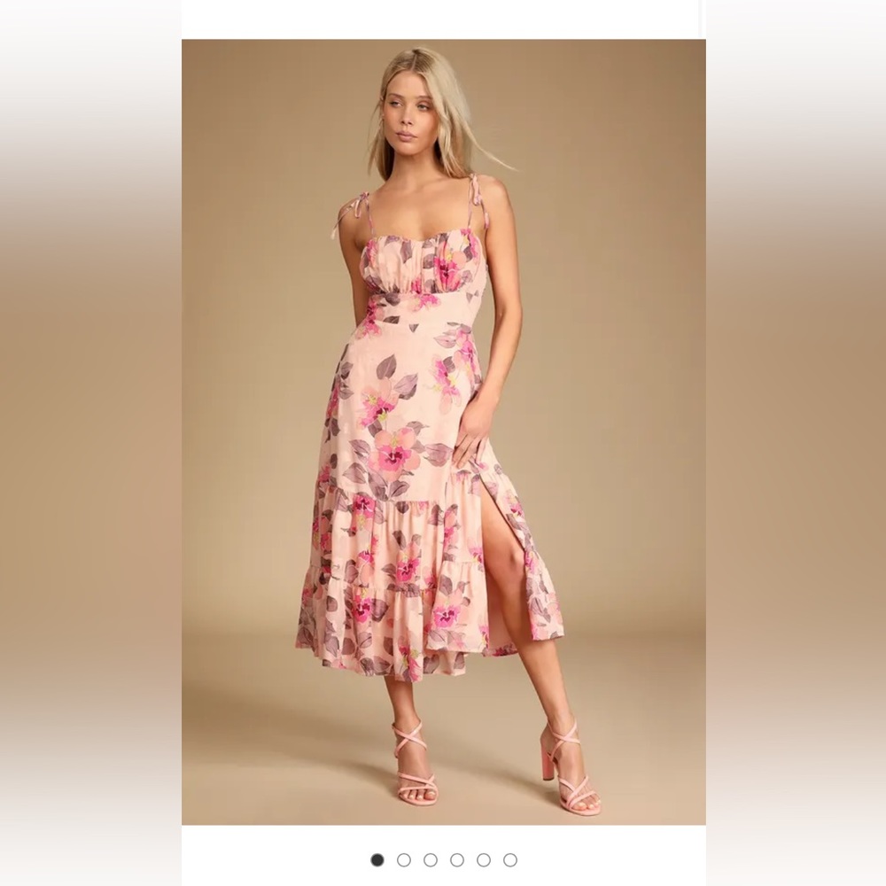 Tea Party Chic Pink Floral Print Tie-Strap Tiered Midi Dress